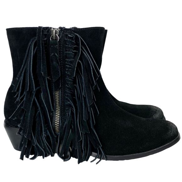 Cynthia Vincent Nibble Fringe Suede Ankle Heeled Bootie in Black, Size 8.5 - Picture 14 of 16